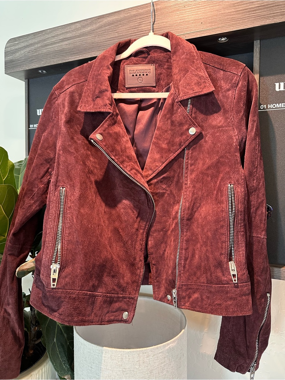 Suede Moto Jacket in Deep Burgundy blank NYC
